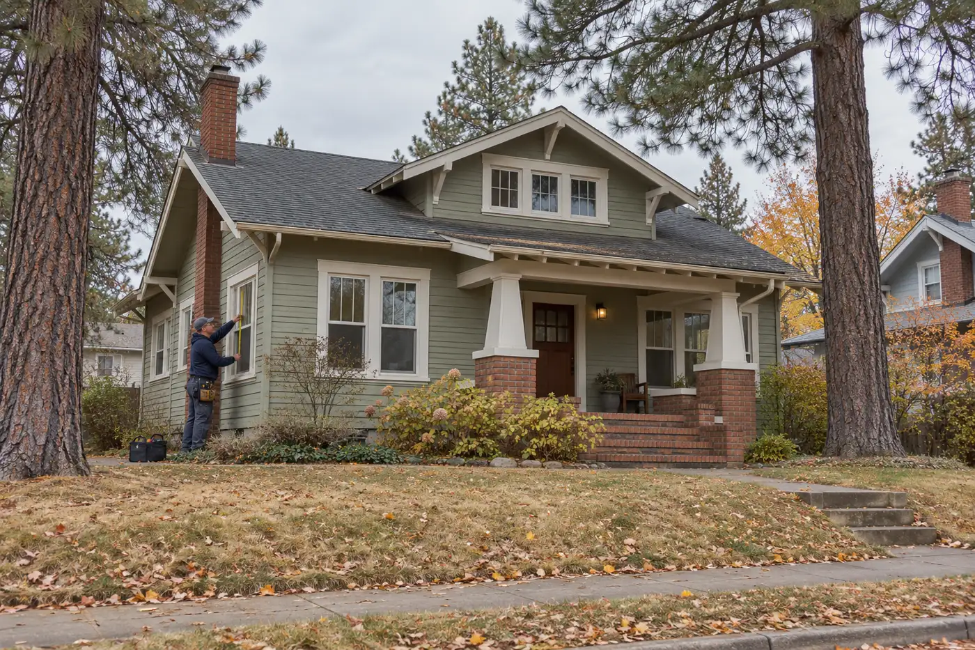 Illustrative scene of a window tradesperson beside a Craftsman-style home and ponderosa pines.